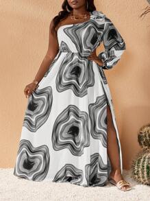 Slaydiva Plus Size Women Wood Grain Print Lantern Sleeve Casual Dress