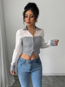 Chiquease Women's Tweed & Chiffon V-Neck Blouse