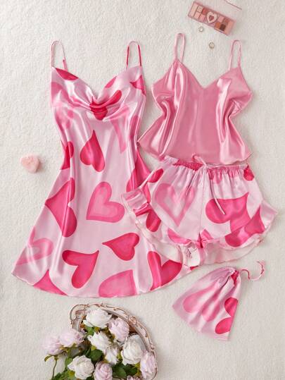 Valentine's Day 4pcs Set: Heart Printed Cami Shorts, Cami Dress, Storage Bag, Women Satin Pajamas  Cozy And Elegant Details