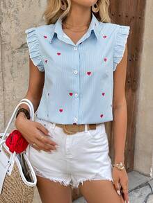 Breezaya 女式春夏优雅盖袖心形印花蓝白条纹面料盖袖衬衫 - 藍色 - 查看 5