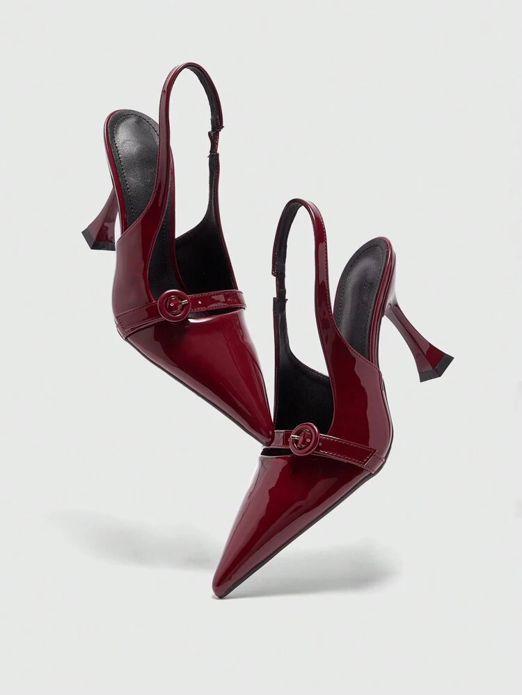 CUCCOO BIZCHIC Escarpins à bride et boucle à bout pointu pour femmes, talons hauts élégants style stiletto pour le bureau. Chaussures slingback  enrobé rouge vin pour rendez-vous, thé l'après-midi, soirée, Saint-Valentin, travail