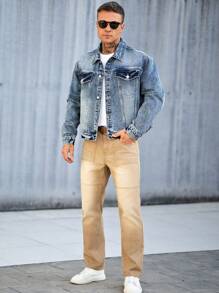 Manfinity Homme Men's Casual Turn-Down Collar Washed Denim Jacket - Light Wash - View 3