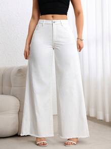 Breezaya Women's Wide Leg White Casual Loose Pocketed Denim Jeans