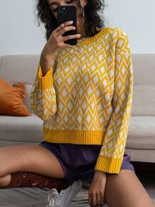 SHEIN Unity Pullover Sweater, Long Sleeve, Minimalist Fashion, Casual Daily Wear - Yellow - View 4