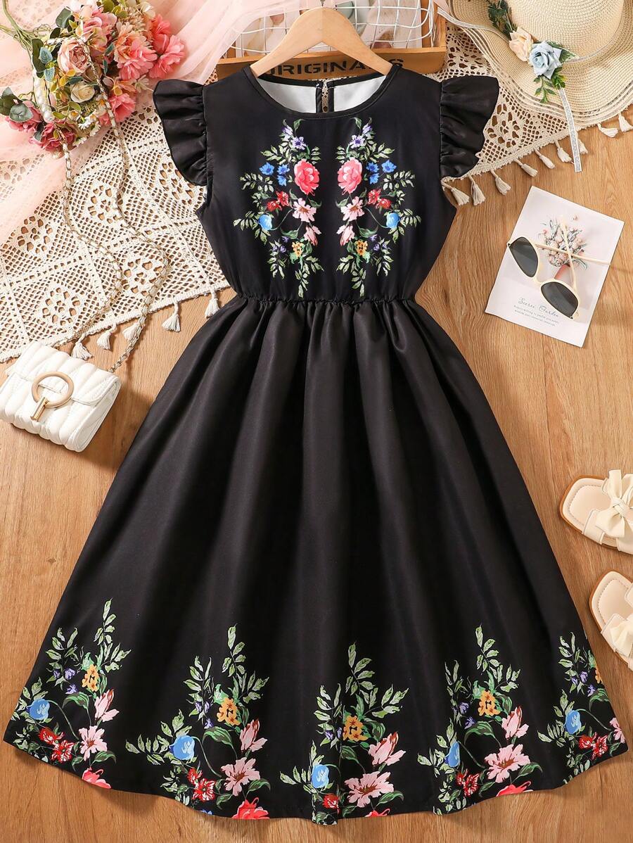 Teen Girls Casual Holiday Cap Sleeve A-Line Black Floral Print Dress,Holiday Summer Travel - Black - View 1