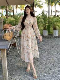 DAZY Floral Print Tie-Sleeve Midi Dress For Women,Back To School Clothes,Fall Dress Long Sleeve Dress