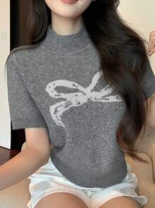 DAZY 蝴蝶结细节提花情人节泡泡袖可爱短袖女毛衣 - 灰色 - 查看 1