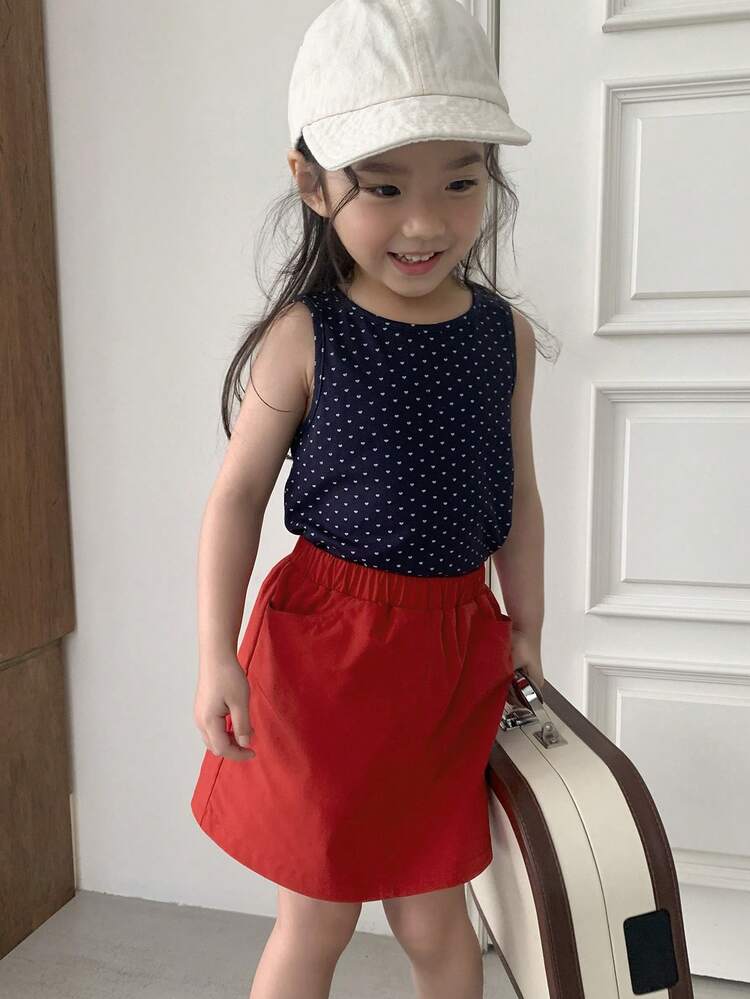 2pcs/Set Young Girl Heart Print Vest Top & Mini Skirt