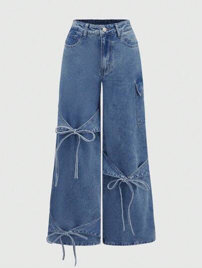 Kawaii Jeans ampi e svasati da donna con fiocco, stile dolce, colore blu chiaro, versatile