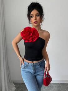 Rafferiza Casual Sexy Knit 3D Floral Color Block Oblique Collar Asymmetrical Neck Camisole Top For Women