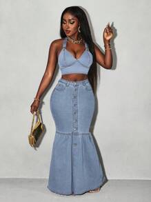 Slaydiva Váy denim dài vừa phải phong cách ngư dân đơn giản có túi nút cho nữ - Rửa nhẹ - Xem 9