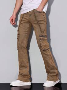 Manfinity Homme Quần Jeans Denim Túi Cargo Thường Ngày Cho Nam - Màu vàng - Xem 4