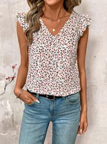 SHEIN Clasi V-Neck Tiny Ditsy Floral Cap Sleeve Casual Shirt, Modern & Chic For Everyday Wear - Apricot - View 6