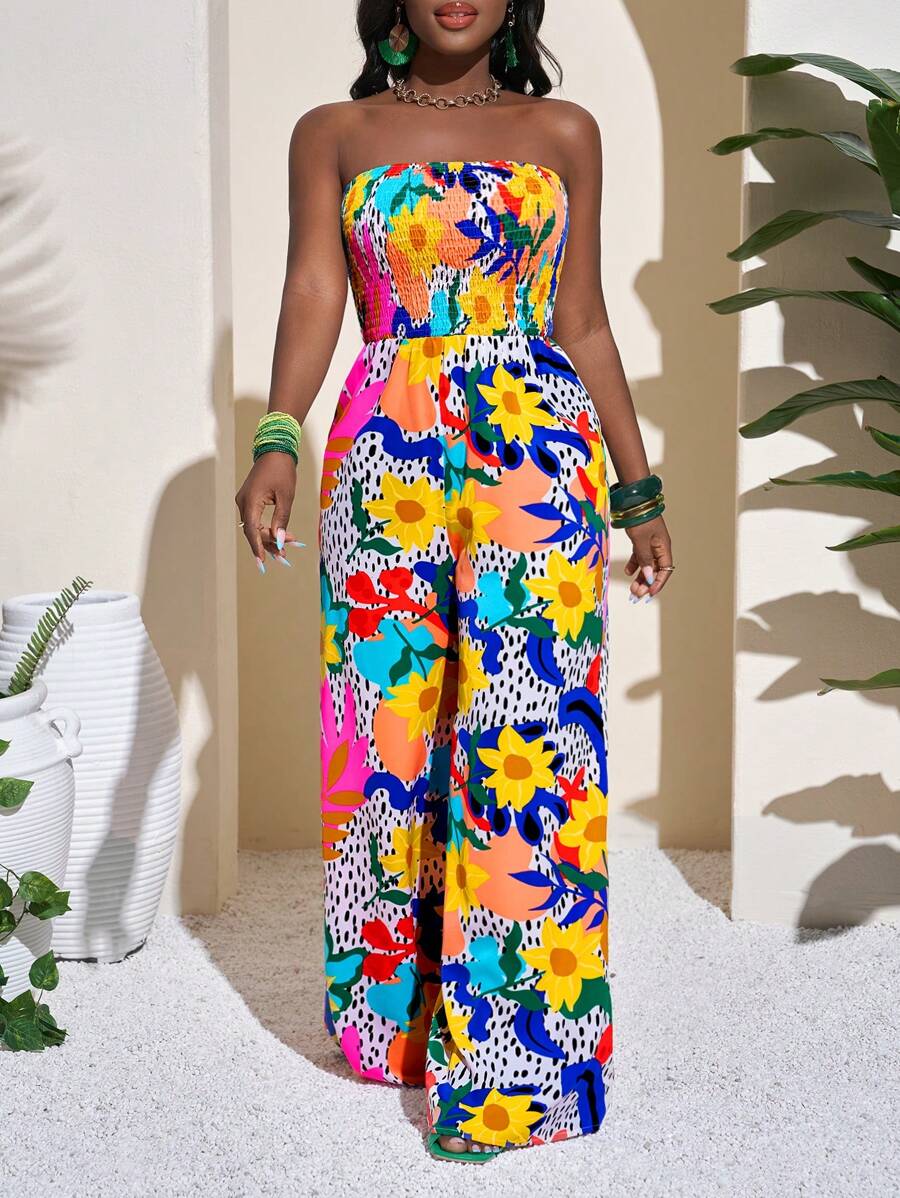 Slaydiva 2025 Spring/Summer Multicolor Floral Print Bustier Jumpsuit - Multicolor - View 1