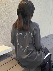 FRIFUL Women's Loose Gray T-Shirt With Rhinestone Heart Print, Spring,Graphic Tees Long Sleeve Women Tops