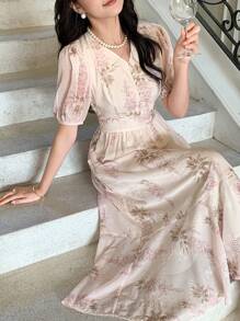 DAZY Women's Elegant Flower All-Over Embroidered Puff Sleeve Dress Sundress - Beige - View 1