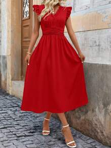 SHEIN Clasi Elegantes Damen Sommerkleid in Unifarbe mit Rüschen-Besatz und geraffter Taille, Maxikleid Damen Outfit