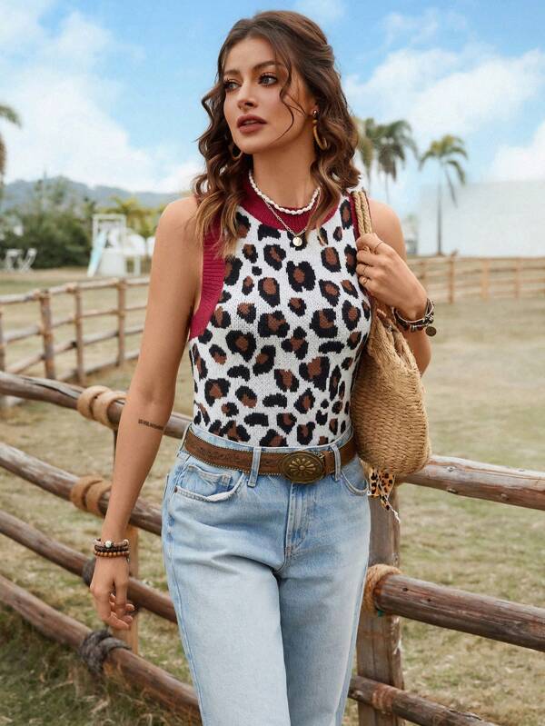SHEIN LUNE Women's Leopard Print Contrast Color Tank Top Sweater, Spring/Summer Wear
