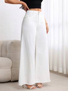 Breezaya Women's Wide Leg White Casual Loose Pocketed Denim Jeans