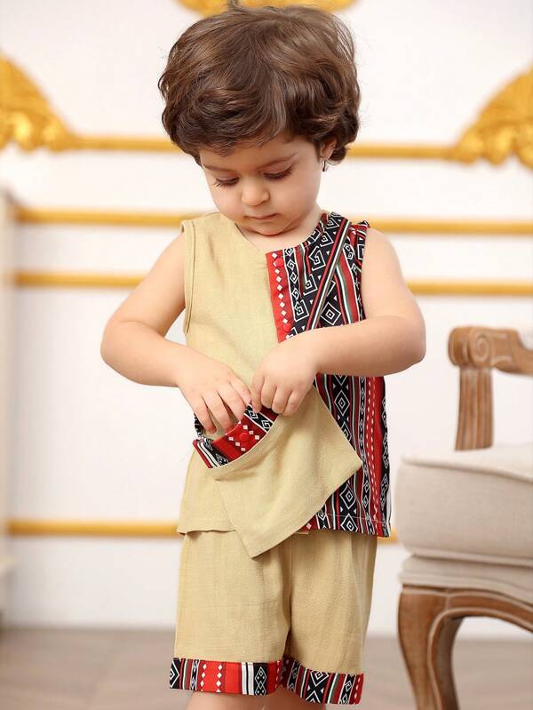 Baby Boy Solid Color Patchwork Round Neck Sleeveless Top And Shorts Casual Outfit