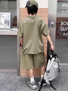 DAZY 2pcs Tween Boys Letter Printed Short Sleeve Zip Half Placket Shirt And Shorts Set - Green - View 6