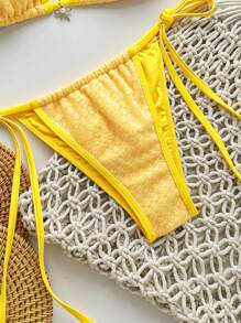 Swim Mod Springbreak 女式 2 件套沙滩装纹理纯色吊带蝴蝶结短款上衣和系带短裤夏季比基尼套装，波西米亚风 - 黃色 - 查看 4