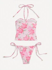 SHEIN MOD 2 件套露背上衣，正面有褶皱花卉印花，侧面系带三角裤，泳装套装，泳装套装，海滩度假装，适合夏季海滩度假