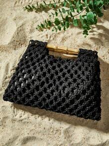 SHEIN SXY Sacs à poignée supérieure pour femmes, sacs tressés, crochetés, à la mode, élégants, simples, personnalisés, polyvalents, avec poignées en bois, pour la plage, les vacances, les jours fériés, l'été
