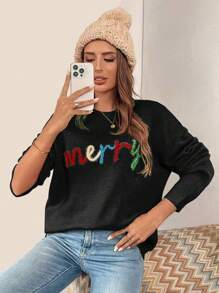 Chiquease Women's Letter Pattern Drop Shoulder Long Sleeve Pullover Sweater, Autumn/Winter Knit Pullover Fall Sweater - Black - View 1