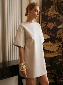 Anewsta Elaire Round Neck And Sleeves Elegant Texture Urban Mid-Length Dress Old Money - Apricot - View 4