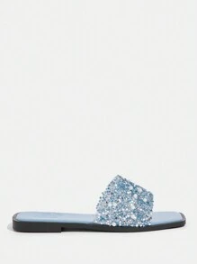 CUCCOO TILAWA New Women Outdoor Flat Sandals, Square Toe Rhinestone Silver Slippers, Casual Comfortable Party And Work Summer Shoes, Thick Sole Anti-Skid Slides Spring Shoes Spring Break Easter - Blue - View 3