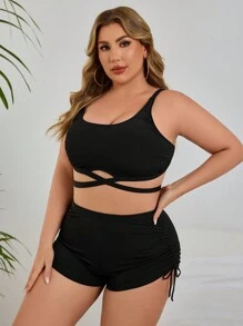 SHEIN Swim Curve Plus Size Women 2pcs Ribbed Texture Solid Color Drawstring Waist Bikini Set, Summer
