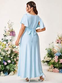 Cravure Elegant Knit Fabric Dress For Wedding & Party, Loose Fit With Sash, Shallow Blue, Summer, Plus Size - Blue - View 2