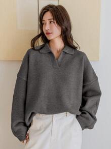 Dazy-Less Jersey de punto de unicolor con escote en V minimalista para mujer, estilo casual de dinero antiguo