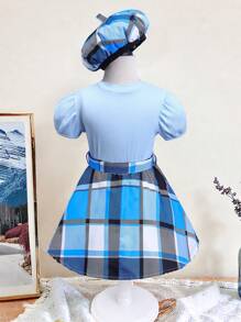 SHEIN 2pcs Set: Young Girls Plain Round Neck Puff Sleeve Top And Plaid Mini Skirt With Hat - Blue - View 2