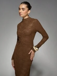 MISSGUIDED Luxury Long Sleeve Bodycon Maxi Dress With High Neck Textured Lace Design Form-Fitting Elegant Evening Gown Perfect For Wedding Guest Prom Red Carpet Events