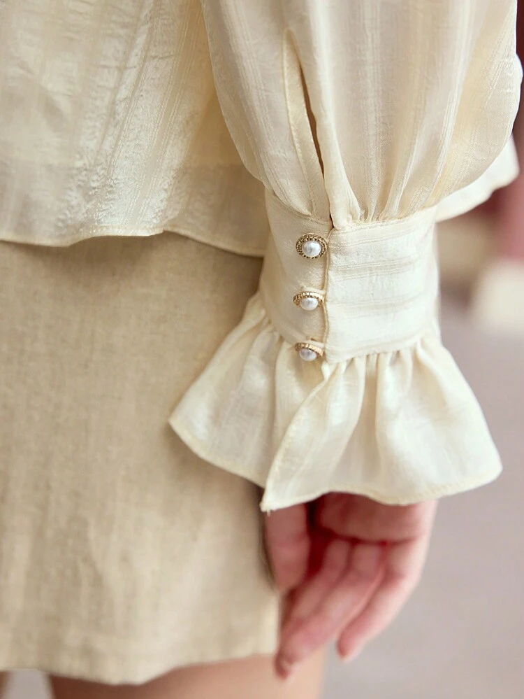 GATHERED FRILL TRIM PEPLUM BLOUSE