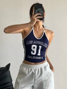 StreetHx 女士街头时尚休闲拼色洛杉矶图案 91 号细肩带背心 - 藏蓝色 - 查看 3