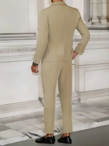 Manfinity Mode Men's Solid Color Casual Suit Set, Minimalist Fashion Everyday - Khaki - View 2