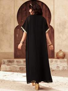 SHEIN Conjunto de 2 piezas para adolescentes con cárdigan negro con lámina de oro y vestido sin mangas elegante de princesa