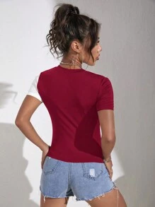 SHEIN Essnce Casual Patchwork Asymmetrical Hem Short Sleeve T-Shirt