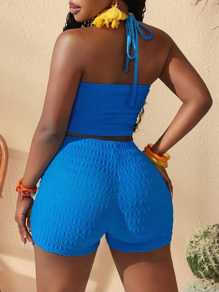 Slaydiva 春夏新品、音乐节、复活节、纳什维尔、生日派对、毕业典礼、学生、休闲日常装、百搭百搭、休闲、度假、邮轮旅行、海滩、日光浴、街头风格、纹理面料、前系带、性感露背女士套装 - 藍色 - 查看 2