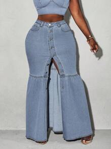 Slaydiva Váy denim dài vừa phải phong cách ngư dân đơn giản có túi nút cho nữ - Rửa nhẹ - Xem 6