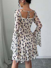 Elenzga New Women Flare Sleeve Fitted Short Knitted Mesh Print Dress With Back Tie, Vacation Festival Western Style Casual Elegant Slim Fit Young Lady Dress Fall Cloth For Women - Multicolor - View 3