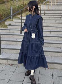FRIFUL Vestido Denim Longo Casual Multicamadas Feminino, Roupas de Outono - Lavagem escura - Visão 7