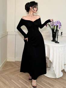 DAZY Women's Elegant Solid Color Waist Cinched Dress,Casual Women Dresses,Fall Clothes - Black - View 8