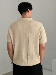 SHEIN X Scheana DAZY Men's Short Sleeve Half-Placket Ribbed Knitted Top, Khaki, Summer,Back To School Clothes - Khaki - View 2