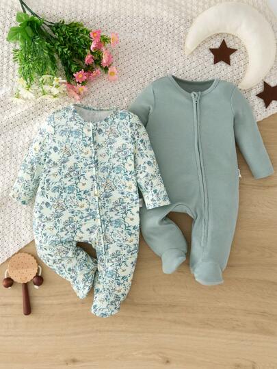 SHEIN Leap Crew 儿童新生女宝宝 2 件套碎花圆领长袖拉链柔软睡衣套装