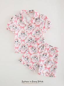 Cozy Pixies Conjunto de 2 piezas de parte superior con botones de manga corta y estampado de animales de dibujos animados, y pantalones cortos de cintura elástica para niñas - Rosa - Ver 1