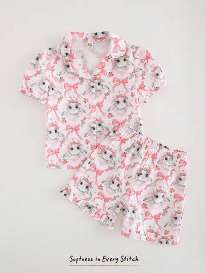 Cozy Pixies 2pcs Girl Cartoon Animal Print Collar Short Sleeve Button-Up Top And Elastic Waist Shorts Set
